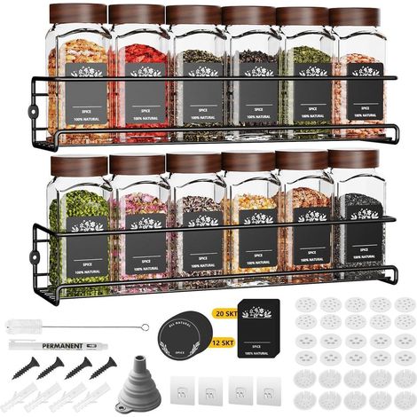 2-teiliges Hängendes Gewürzregal ohne Bohren mit 12 Holzgläsern - Wand Gewürz (1/5)