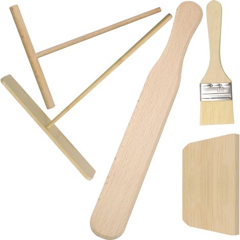 Lot de 5 crêpes en bois de hêtre avec répartiteur de pâte en T, spatule, pinceau pour crêpes et crêpes, outils de cuisson pratiques (1/5)