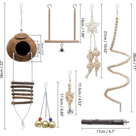 Giocattoli per pappagalli 7 pezzi, gabbia per uccelli in cocco naturale con scala, altalena, amaca da arrampicata, catena per appollaiarsi per uccelli, pappagalli, parrocchetti, are, inseparabili (1/4)