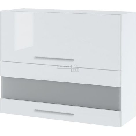 Meuble haut de cuisine Bellissi Blanc Brillant 2 portes relevables avec vitre opaque L 90 cm - Porte avec poignée apparente White (1/5)