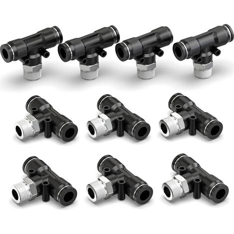 10 pièces Té de dérivation femelle noir 6 mm de diamètre extérieur x filetage BSP 3/8" Raccords rapides pneumatiques à connexion par pression Verrouillage par pression (1/5)