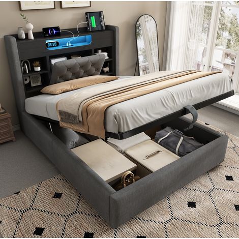 Cama con canapé abatible 90 x 200 cm, LED, USB/Type-C, tapizada en lino gris HAVRYA