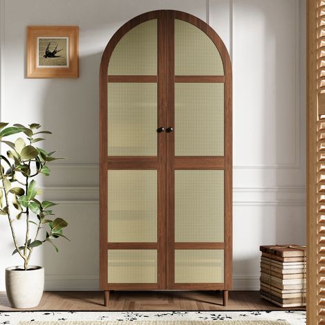Armoire penderie de chambre moderne 80x50x179 cm, portes incurvées avec cannage en rotin, tringle, tiroirs, étagères, pieds en bois (1/5)