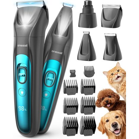 4-en-1 Tondeuse pour Chien Sans Fil pour Animaux, Tondeuse à Poil Long Epais avec Lumière LED, Toilettage Rechargeable 2000mAh, Rasoir pour Chien et Pattes (Bleu) (1/5)