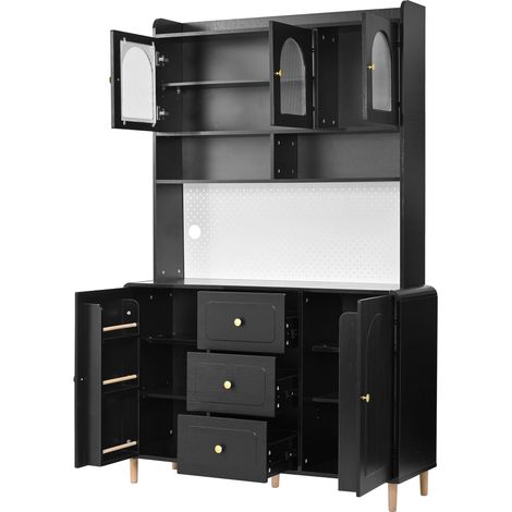 Armoire haute avec panneau perforé et pieds en bois massif, meuble bar avec rangement, buffet de cuisine avec tiroirs, idéal pour la cuisine et la salle à manger (Noir) (1/5)