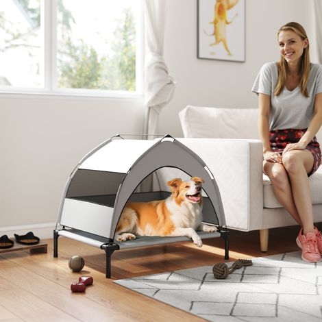 Cama de exterior para perros con techo, cama elevada para perros de tamaño mediano, con estructura de acero, 76x61x70cm, gris claro. (1/5)