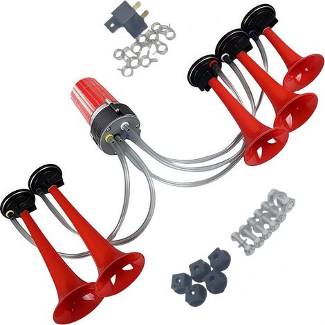 Klaxon de voiture 160db Air horn Haut-parleur à cinq tubes rouges Trompette d'air Avertisseur d'alarme Trompette musicale Car horn pour 12V voiture camion bateau etc (1/5)