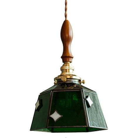 Vintage LED-Pendelleuchte, Nachttischlampe, Esszimmer, Wohnzimmer, Loft, Pendelleuchte aus farbigem Glas, Kupfer und Holz. (1/5)