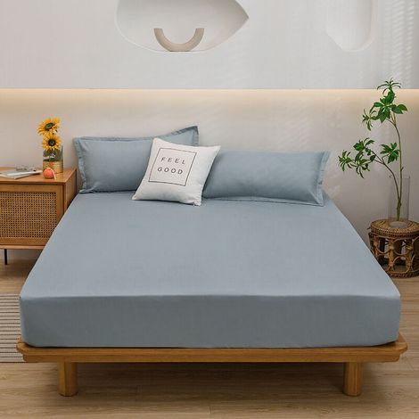 Drap de lit tout compris en coton lavé de couleur unie, protège-matelas antidérapant, housse anti-poussière, couvre-lit simple, taie d'oreiller (1/5)