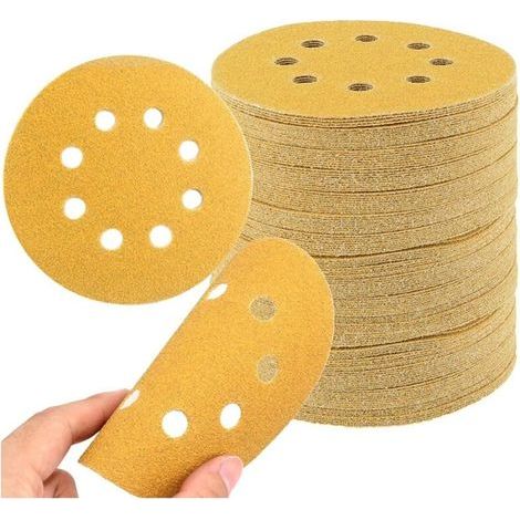 Lote de 50 discos abrasivos de 125 mm, 5 discos de lijado redondos con 8 agujeros de 12,7 cm (lija amarilla) (1/4)