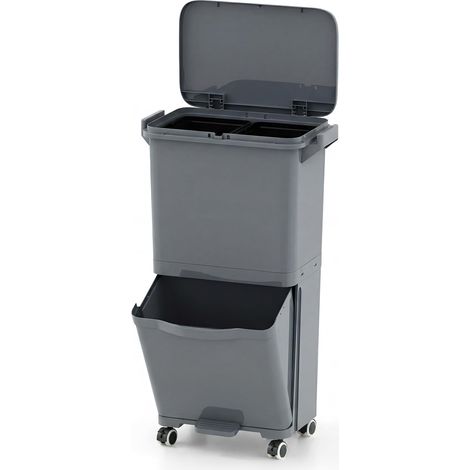 COSTWAY Poubelle Tri Sélectif 36L (10L+10L+16L), Poubelle Cuisine à Roulettes avec Bac Amovible, Compartiment Basculant à Pédale, Couvercle Pression, Tri des Déchets Cuisine Salle de Bain (Gris) (1/5)