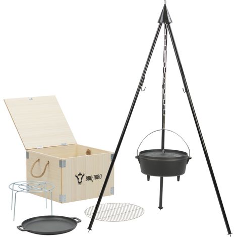 BBQ-Toro Dutch Oven Set 6-teilig mit Holzkiste, mit Topf, Pfanne, Grillrost, Untersetzer, Dreibein
