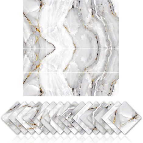 16pcs Marble Tile Stickers Kitchen Bathroom Waterproof Oil-proof Stickers PVC Self-adhesive Decoration,Simulation Tile Sticker with Marble Design (15x15cm) (1/5)