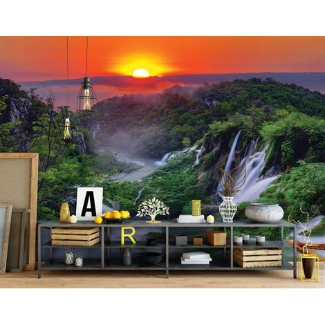 Vlies Fototapete Wasserfall 200x140 cm, Tapeten, für Wohn und Schlafzimmer, Vliestapete Wandtapete Tapete 3D Effekt- inkl. Kleister - Wald Gebirge Landschaft Natur, WallArena (1/4)