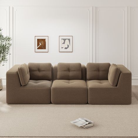 Canapé d'angle modulaire 3 places marron en velours côtelé avec assise profonde (1/5)