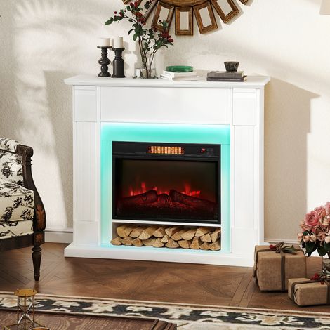 CHEMINÉE ÉLECTRIQUE ENCASTRABLE AVEC EFFET DE FLAMME 3D BARRE DE LUMIÈRE LED RGB 1800W MINUTERIE THERMOSTAT BLANC (1/5)