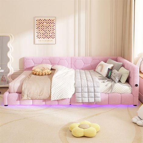 Canapé‑lit - 140x200 cm - Sommier à lattes - Lumière d'ambiance 16 couleurs - USB/Type‑C