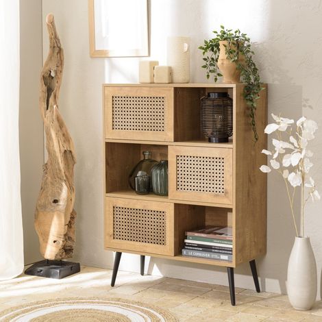 CHARLIE - Buffet bois 3 niches 3 portes effet cannage marron (1/5)