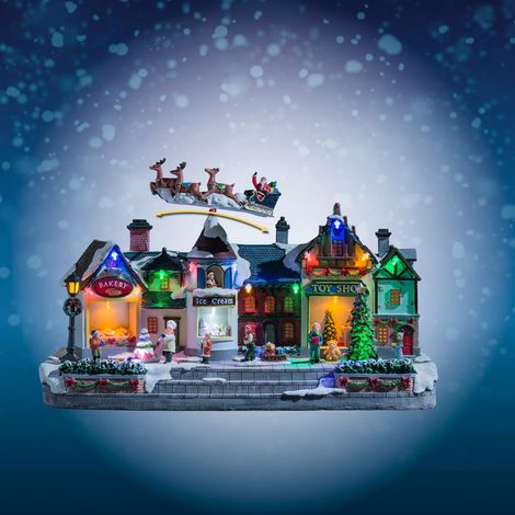 Lichterkette und Weihnachten – Weihnachtsdorf-Dekoration aus Polyresin mit mehrfarbiger LED-Beleuchtung – Länge 36,9 cm – Gewicht 1,7 kg – für den Innen- und Außenbereich