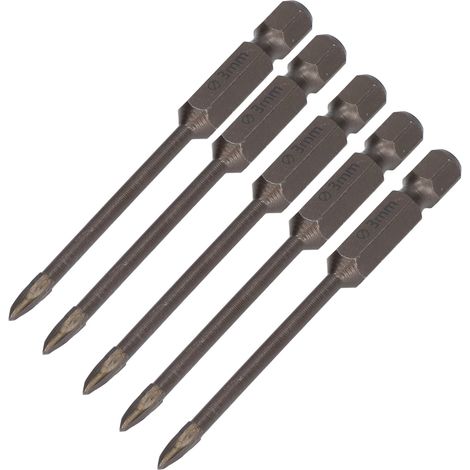 Lot de 5 forets cruciformes à queue hexagonale de 6,35 mm (1/4 po) pour carrelage, verre, céramique et béton, outil en alliage dur de 3 mm (1/5)