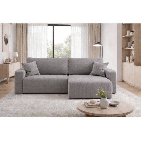 Divano angolare reversibile PIANIOO L trasformabile – Velluto a coste grigio, funzione letto, ampio vano contenitore, angolo universale sinistro/destro