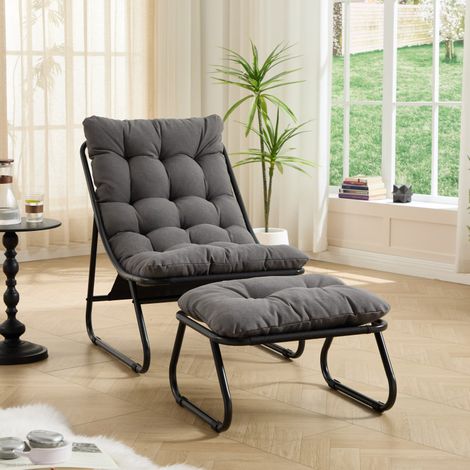 Fauteuil jardin repose-pieds – Inclinable – Coussin gris – Noir – Salon/Chambre/Lecture – Moelleux (1/5)