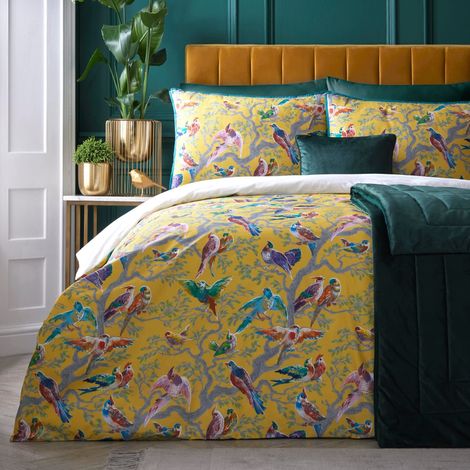 Housse de Couette Oiseaux Jaunes - 200 x 200 cm - Satin Doux 100% Coton - 2 taies d'oreiller - 200 Fils - Literie - Housse de Couette Oiseaux Jaune (1/4)