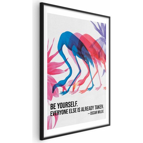 Poster – Farbenfrohe Wiederholung – drei Flamingosilhouetten und ein inspirierendes Zitat (1/4)