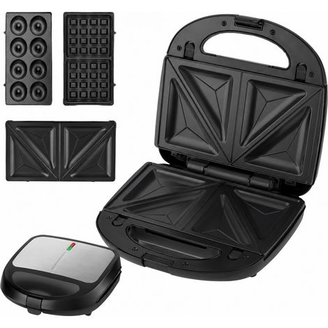 Appareil 3 en 1 pour sandwichs, gaufres et beignets, 850 W, antiadhésif, plaques interchangeables (1/5)