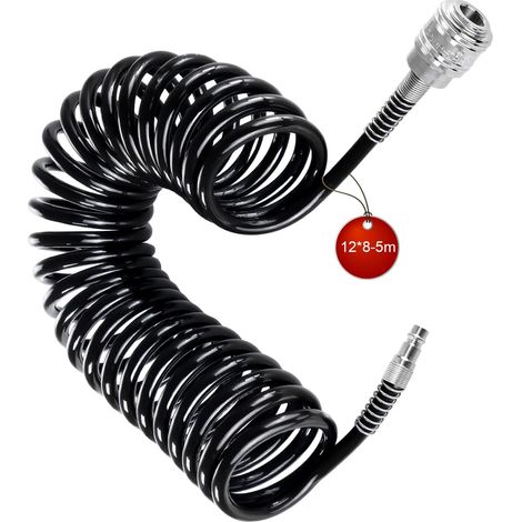 Flexible Compresseur Air 12 Bar, 8 x 12 mm Tuyau Compresseur D'air avec Connecteur 1/4", 5 m Tuyau Pneumatique, Noir, pour Alimentation en Air Comprimé (1/5)