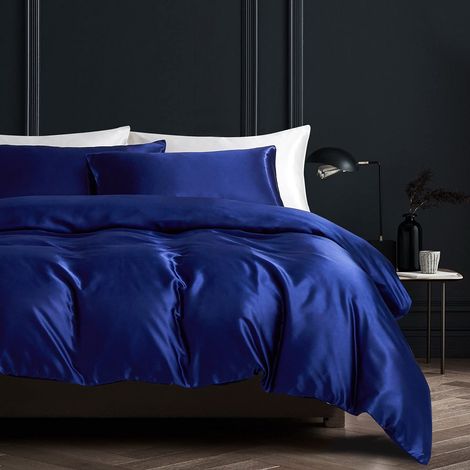 Gezu Set copripiumino 140 x 200 cm, in raso blu, tinta unita, con 1 federa 65 x 65 cm, con chiusura lampo (1/5)