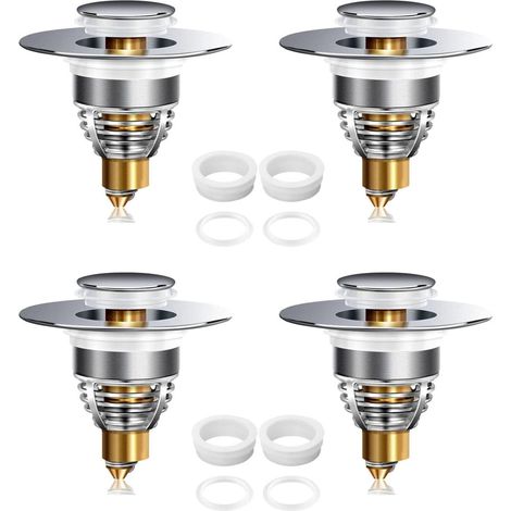 Lot de 4 Bouchons Lavabo Pop-Up Inox, Argent, Vidange avec Crépine, 2 Joints, Toutes Drain, Salle de Bain,... (1/5)