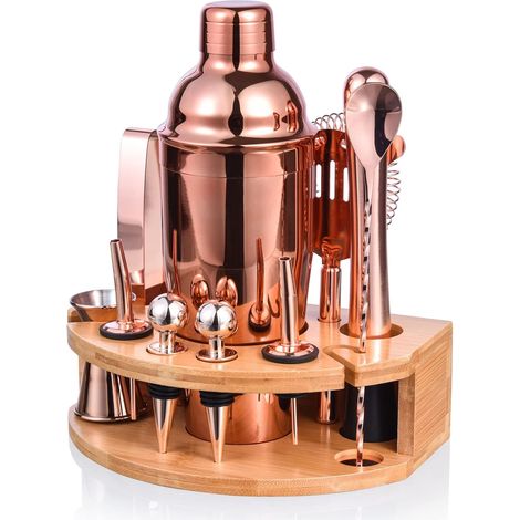 Juego de cóctel de 12 piezas, kit profesional de barman con elegante soporte de bambú, herramienta de barra de acero inoxidable para bebidas mixtas (oro rosa) (1/5)