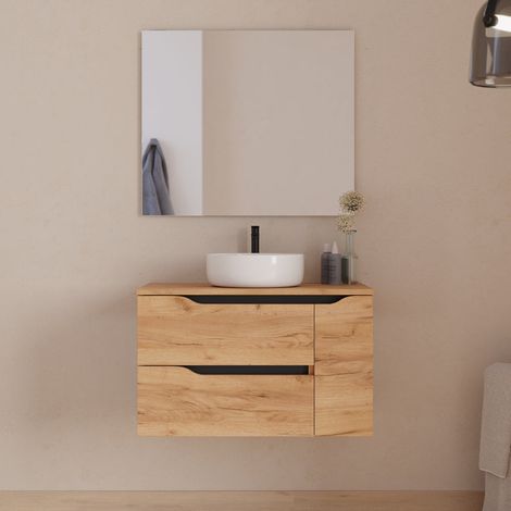 Meuble de salle de bain 80cm avec plateau, vasque à poser centrée Ares et miroir - 2 tiroirs et un placard - roble (chêne clair) - ZARZA