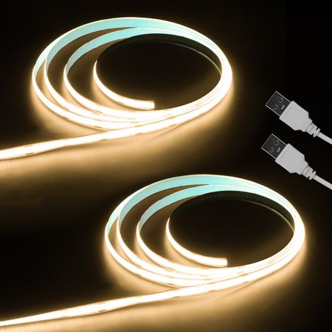 Lot de 2 bandes LED COB USB - 1 m - Blanc chaud - 3000 K - Flexible - Découpable - Autocollant pour rétroéclairage TV, salon, miroir, armoire - 320 LED/M - Largeur : 8 mm (1/5)