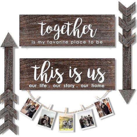 4 rustikale Wanddeko-Schilder im Landhausstil, ein hölzernes Wandbild mit der Aufschrift „This Is Us“, ein hängendes Holzschild mit der Aufschrift „Together“ und 2 Holzpfeilschilder (1/5)