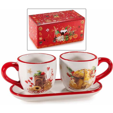 Tazzine natalizie in ceramica con piattino / vassoio con stampa dolcetti di Natale, in scatola regalo, set da 4 pezzi, Tazzina: Ø 6,5 cm x 6 H