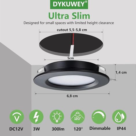 LED-Einbaustrahler, dimmbarer 12-V-LED-Strahler, 3-W-extraflacher 14-mm-Einbaustrahler, IP44-Badezimmerstrahler mit 55-mm-Bohrung, Deckenstrahler für Wohnmobilküchen, 4er-Pack (Schwarz, Warmweiß 3000 (1/4)