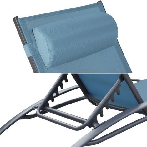 Happy Garden – Lot de 2 transats GALAPAGOS en textilène bleu gris – Structure aluminium gris anthracite – Dossier inclinable 5 niveaux – Confort optimal