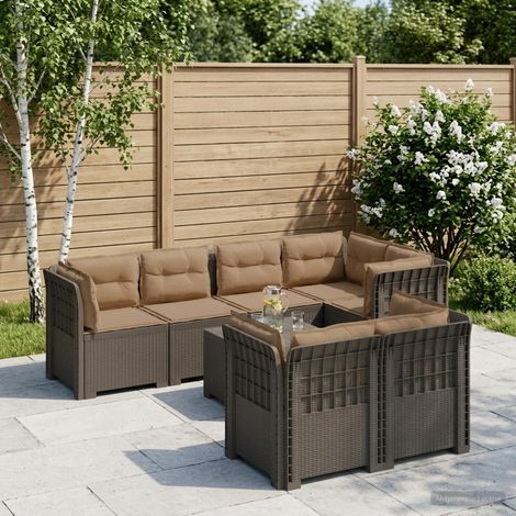 Canapé de Jardin 7 Places en PP Aspect Rotin avec Coussins Salon Modulaire Gris Clair - PANGIVO (1/5)