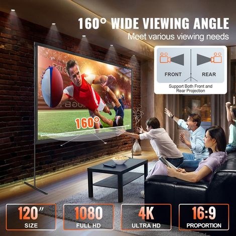 Ecran de projection pliable sur pied 120 pouces 16:9 4K 1080P HD, toile anti-froissures avec pieds barres et sac transport, cinema maison jardin soiree film (1/5)