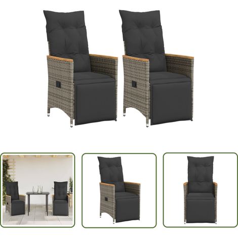 The Living Store Chaises inclinables de jardin lot de 2 et coussins gris rotin - Chaise De Jardin Inclinable - Fauteuil De Jardin - Mobilier De Jardin - Chaise Patio - Chaise Extérieure (1/5)