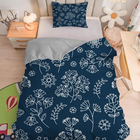 Parure de lit enfant 100x135 cm Bleu Fleuri Microfibre avec fermeture éclair