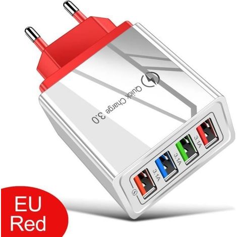 Chargeur téléphone,Chargeur USB 3A Charge rapide 4 ports QC 3.0 pour Samsung Xiaomi mi téléphones portables - EU Red[D225]