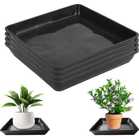 Lot de 4 soucoupes de pot de fleurs : 30 x 30 cm Jardinière carrée en plastique, palette carrée épaissie en plastique pour plantes d'extérieur et d'intérieur, noir