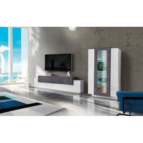 Dmora Mueble de salón modular, Made in Italy, con luz LED blanca, mueble para TV y vitrina, Conjunto de salón moderno, 290x45h121 cm, color Blanco Brillo y Gris Ceniza, con embalaje reforzado (1/5)