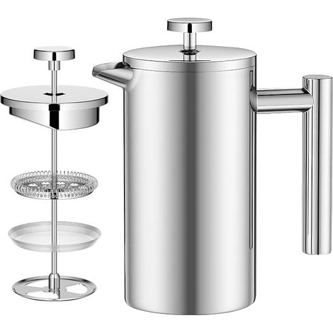 1000ml French Press Stainless Steel Double Wall Coffee Maker with 3-Layer Filter, Pressure Coffee Maker Ideal for Home, Travel, Camping, Silver (1/5)