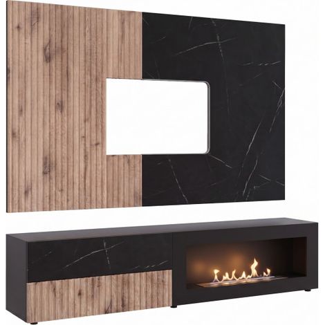 Ensemble meuble TV Cannes 1-K avec cheminée bioéthanol et vitrine - MDF noir et chêne Viking et marbre noir - 160 x 120 x 45 cm - Livraison gratuite (1/5)