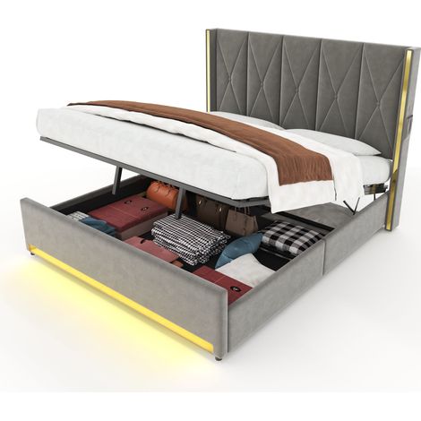 Letto Contenitore Matrimoniale con USB, Type-C, LED e Tasche, 180 x 200 cm, senza Materasso, Grigio Scuro (1/5)