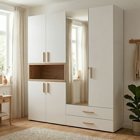 Armario grande Merlino, armario de dormitorio con 4 estantes, 2 cajones, barra para colgar, 179x227h cm blanco (1/5)